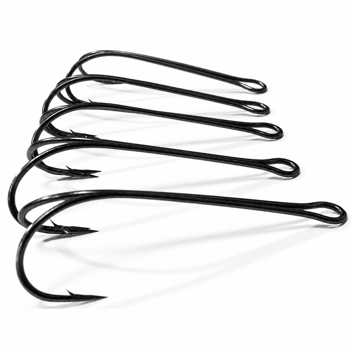 Five black Intech Tournament Longaff DFV-23SB double hooks arranged by size.