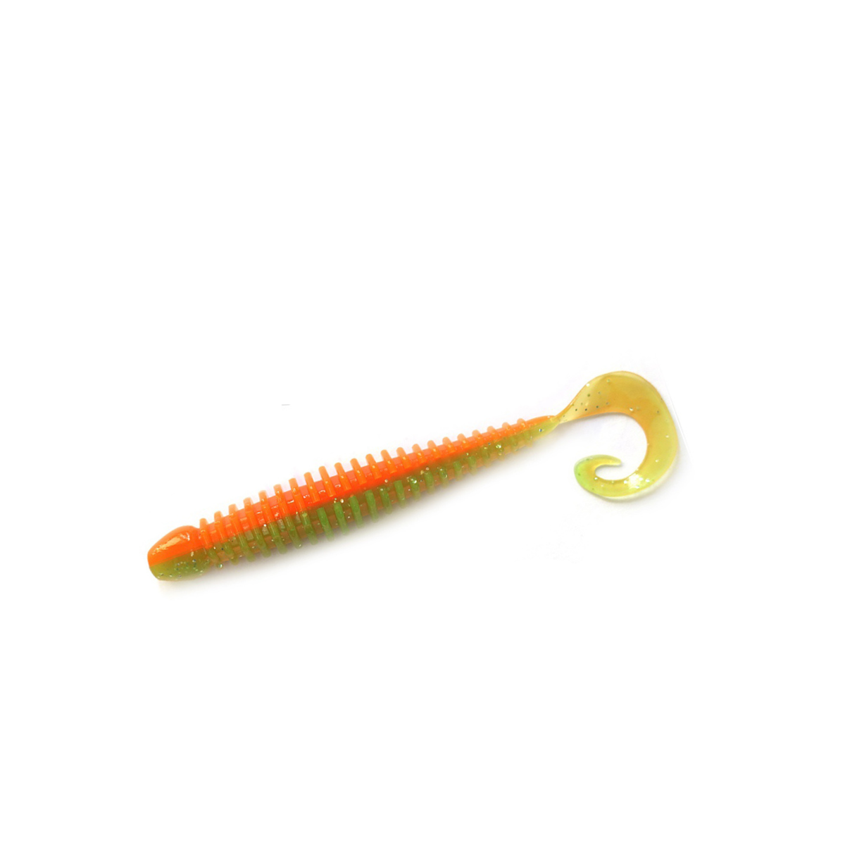 TurboRib 2-inch Sherbet ribbed twister grub soft plastic lure with curly-tail action on white background.