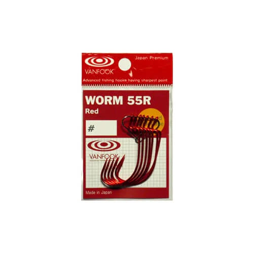 Vanfook WORM55R red wide gap offset hooks in retail packaging with one hook shown separately on a white background

