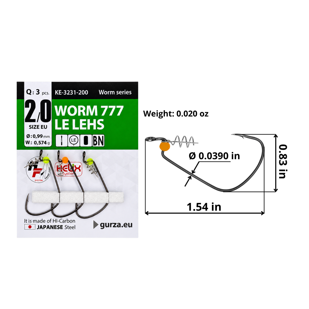 Worm 777 LE LEHS size 2/0 offset hook with Helix keeper and fluorescent stopper bead, 3-count pack, 1.54 by 0.83 inches, 0.0390-inch wire diameter, and 0.020-ounce hook weight.