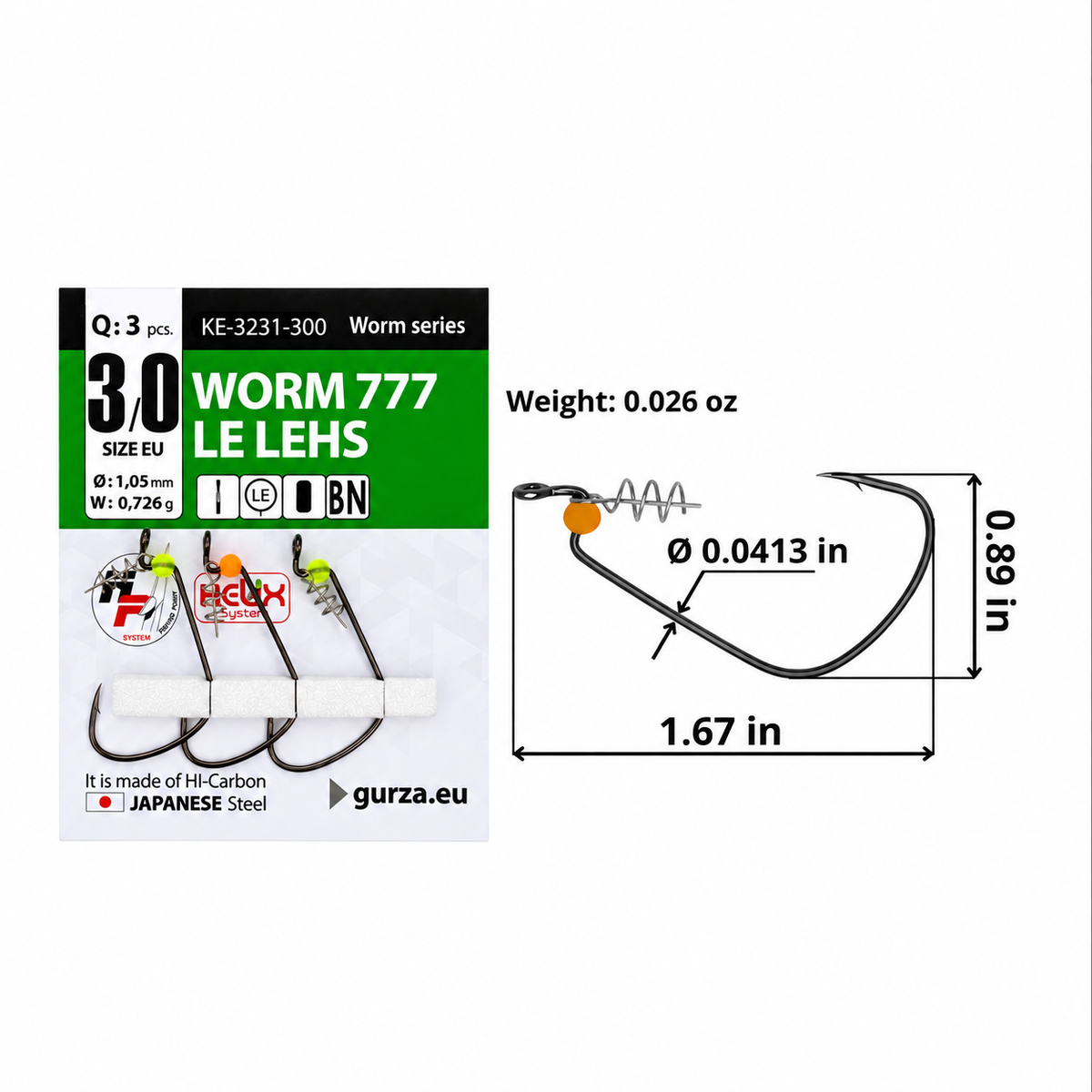 Worm 777 LE LEHS size 3/0 offset hook with Helix keeper and fluorescent stopper bead, 3-count pack, 1.67 by 0.89 inches, 0.0413-inch wire diameter, and 0.026-ounce hook weight.