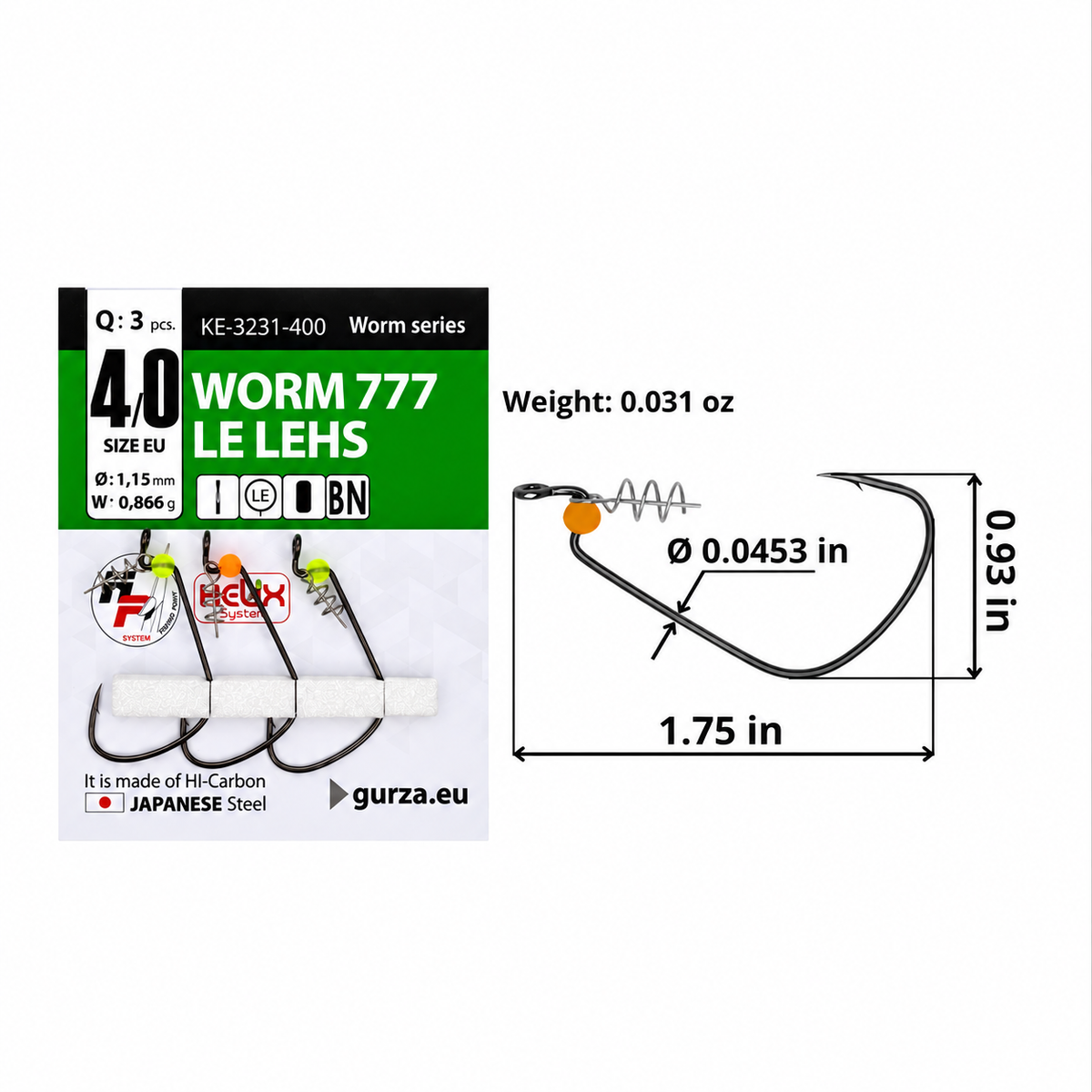 Worm 777 LE LEHS size 4/0 offset hook with Helix keeper and fluorescent stopper bead, 3-count pack, 1.75 by 0.93 inches, 0.0453-inch wire diameter, and 0.031-ounce hook weight.