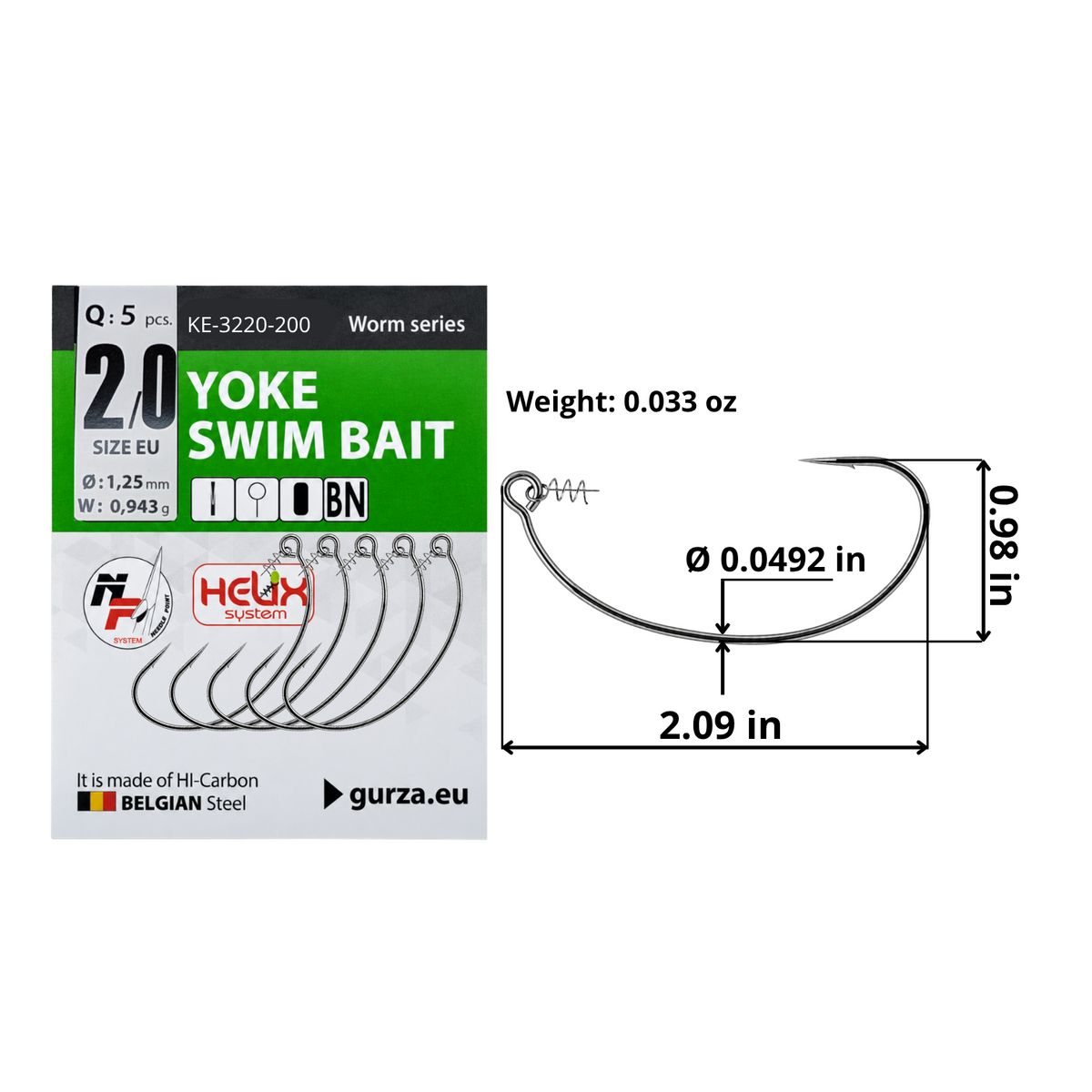 Yoke Swim Bait size 2/0 unweighted offset hook with spring clip bait keeper, 5-count pack, 2.09 by 0.98 inches, 0.0492-inch wire diameter, and 0.033-ounce hook weight.