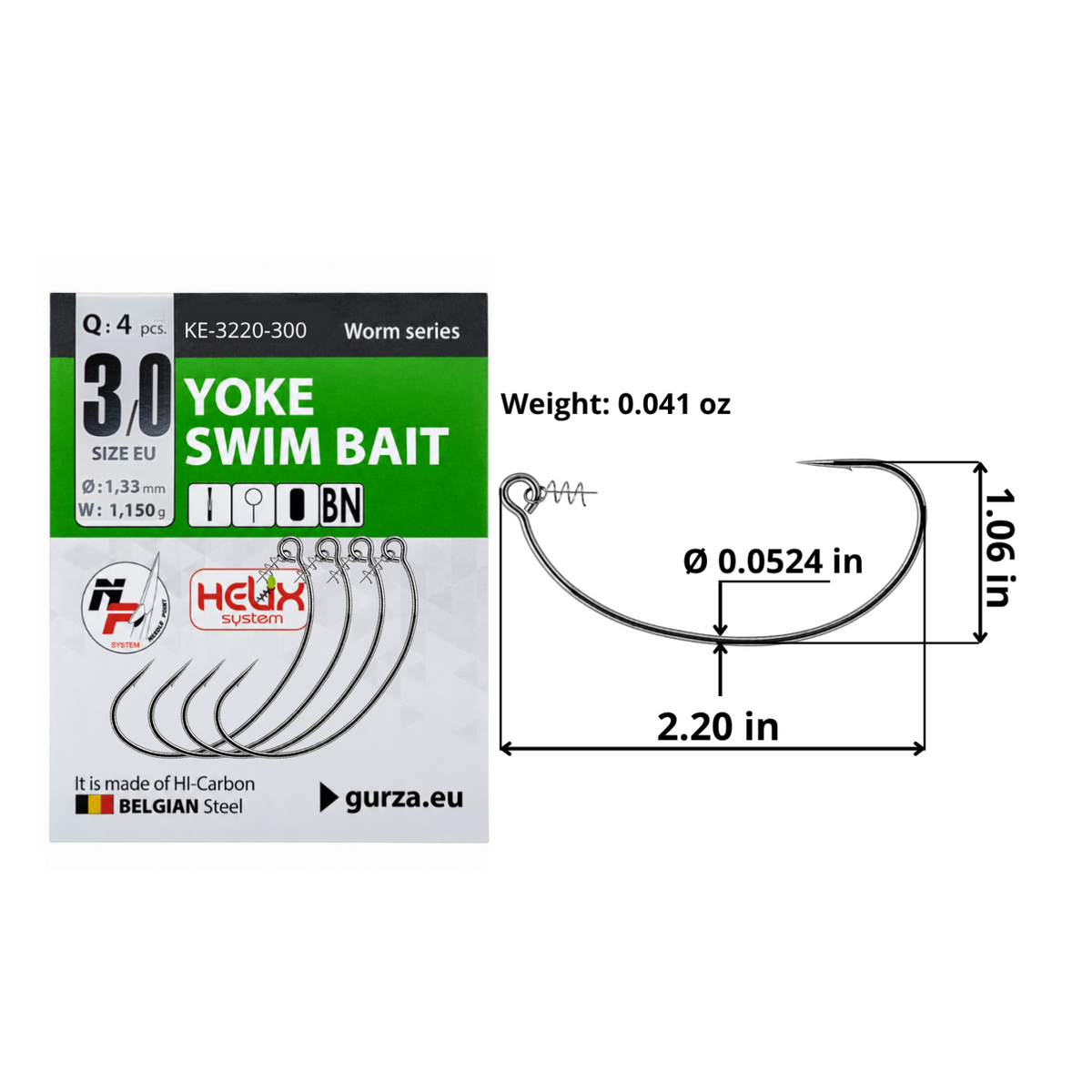 Yoke Swim Bait size 3/0 unweighted offset hook with spring clip bait keeper, 4-count pack, 2.20 by 1.06 inches, 0.0524-inch wire diameter, and 0.041-ounce hook weight.