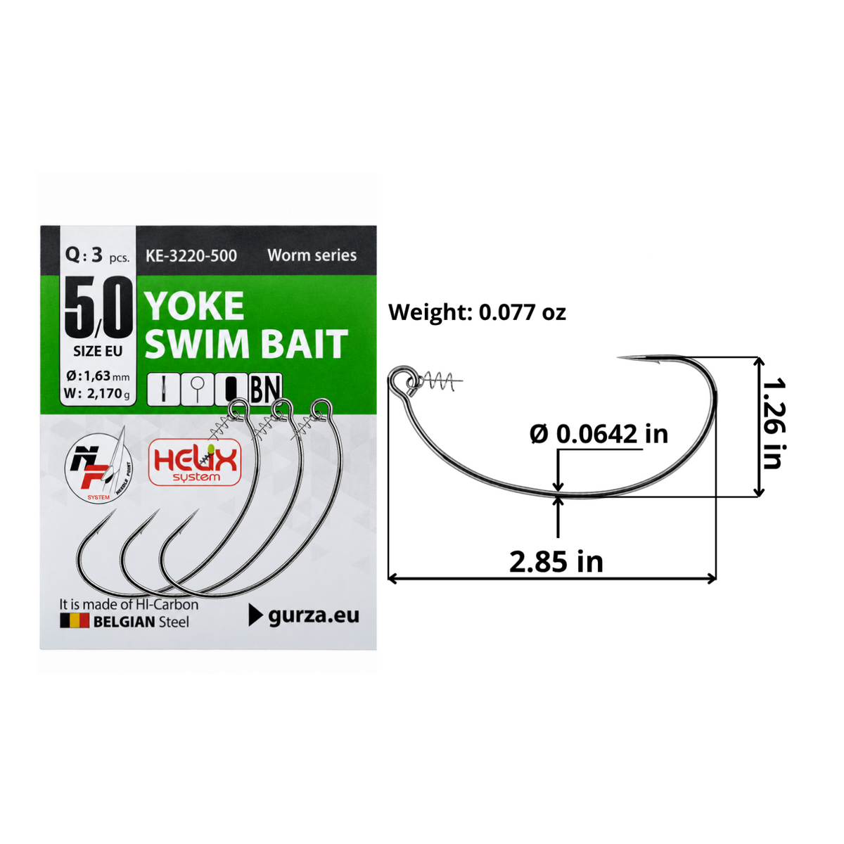Yoke Swim Bait size 5/0 unweighted offset hook with spring clip bait keeper, 3-count pack, 2.85 by 1.26 inches, 0.0642-inch wire diameter, and 0.077-ounce hook weight.