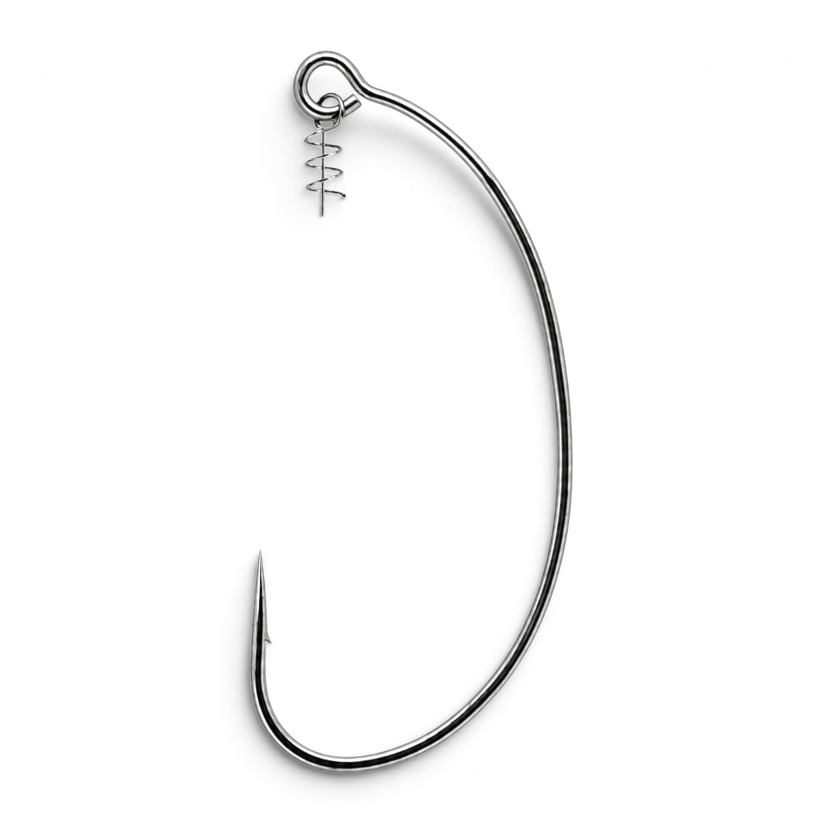 Side view of a Yoke Swim Bait unweighted offset hook showing the spring clip bait keeper, oversized eye, curved shank, and barbed point.