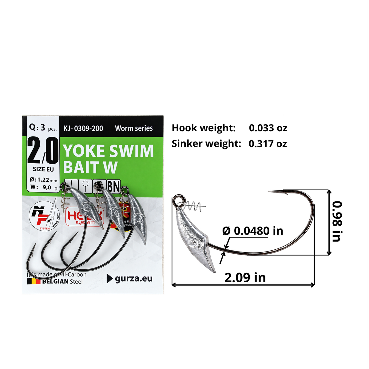 Yoke Swim Bait W size 2/0 weighted offset hook with spring clip bait keeper, 3-count pack. Hook: 2.09 by 0.98 inches, 0.0480-inch wire, 0.033 oz. Fixed sinker: 0.317 oz (9 g).