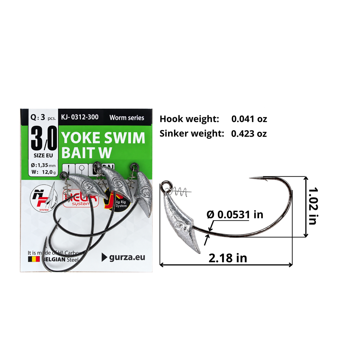 Yoke Swim Bait W size 3/0 weighted offset hook with spring clip bait keeper, 3-count pack. Hook: 2.18 by 1.02 inches, 0.0531-inch wire, 0.041 oz. Fixed sinker: 0.423 oz (12 g).