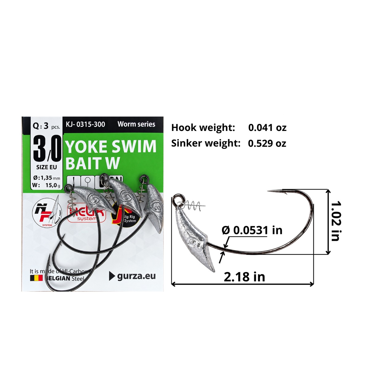 Yoke Swim Bait W size 3/0 weighted offset hook with spring clip bait keeper, 3-count pack. Hook: 2.18 by 1.02 inches, 0.0531-inch wire, 0.041 oz. Fixed sinker: 0.529 oz (15 g).