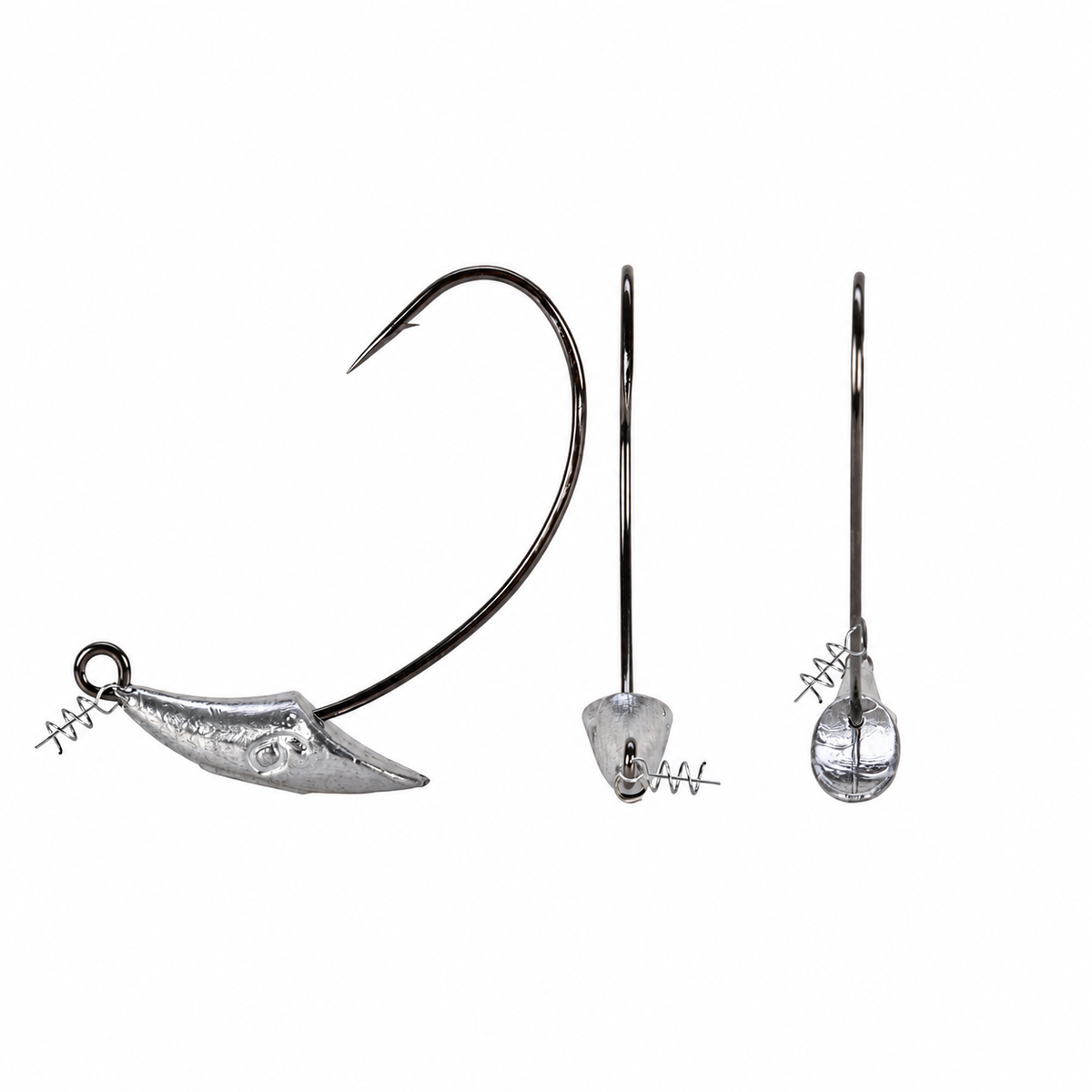Yoke Swim Bait W weighted offset hook with a spring clip bait keeper, shown from three angles to highlight the fixed front weight and hook profile.